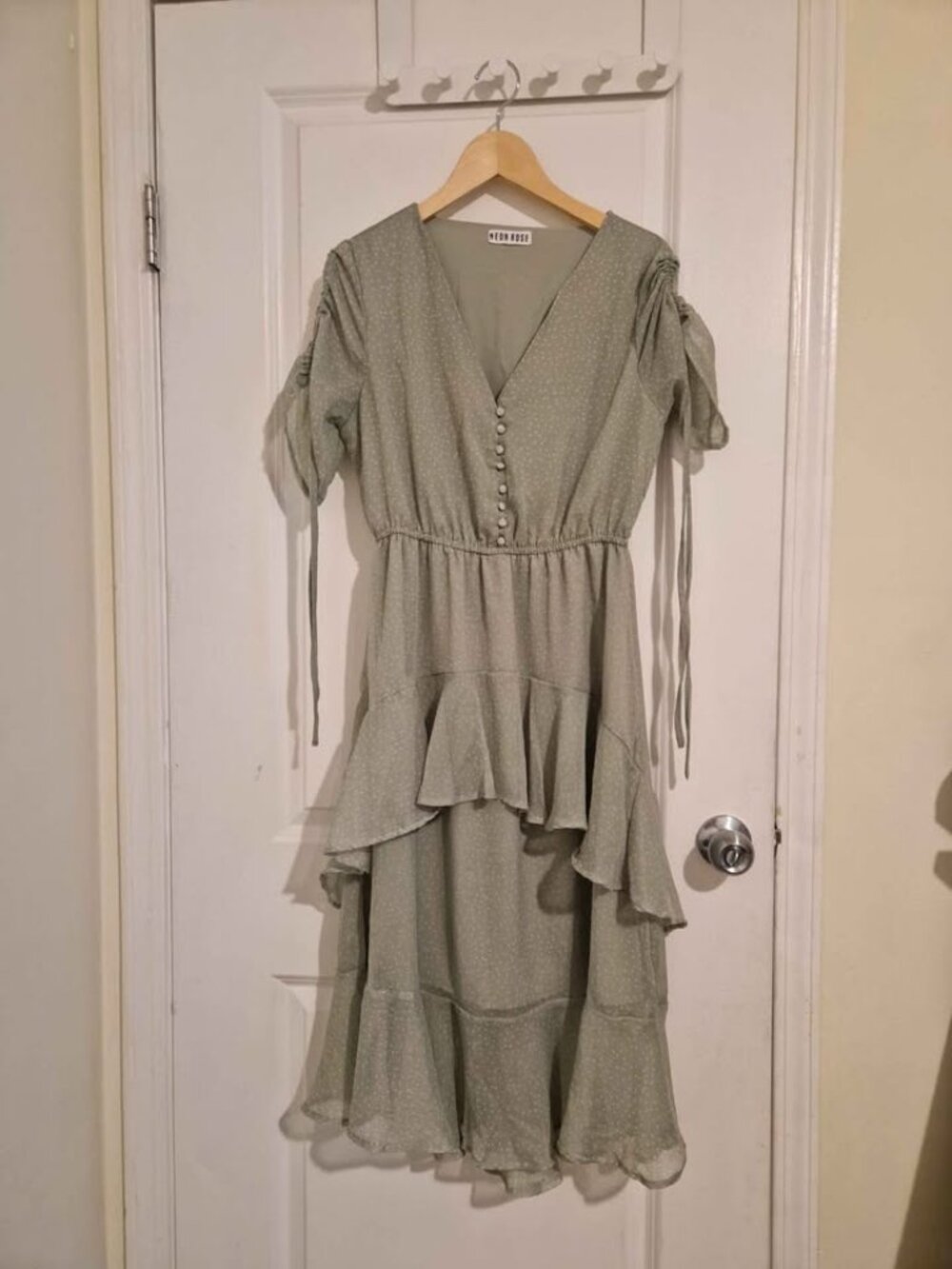 Neon Rose Sage Green Polka Dot Midi Dress - Ruched Sleeve Ruffle Dress - Size S